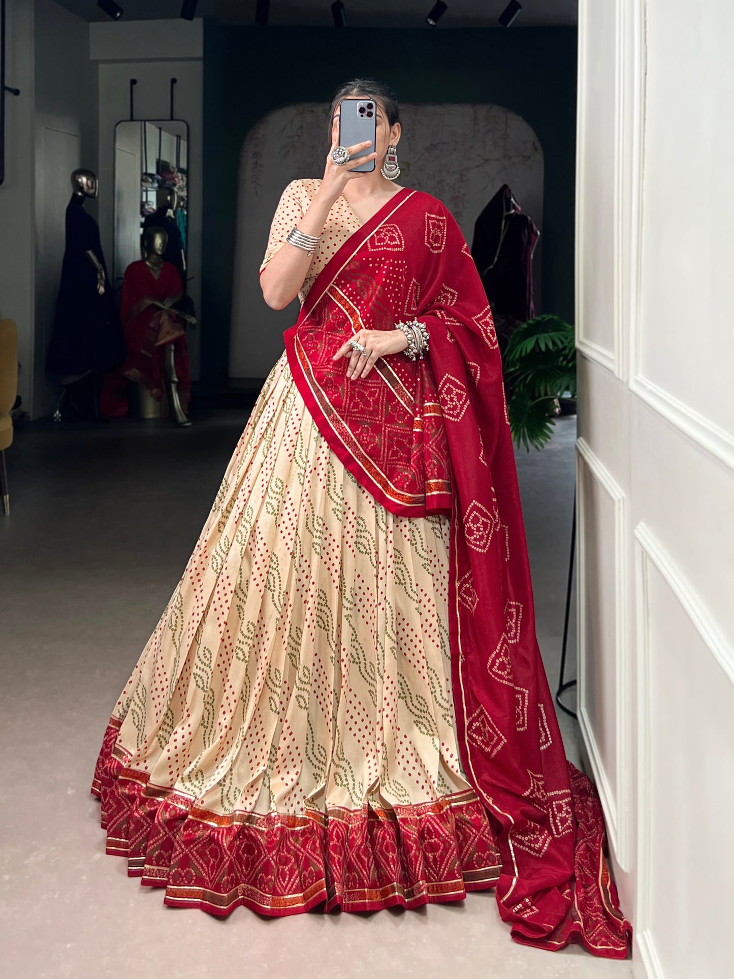 Off White Tasar Silk Bandhej Print With Gotta Patti Lace Work Navratri Lehenga Choli