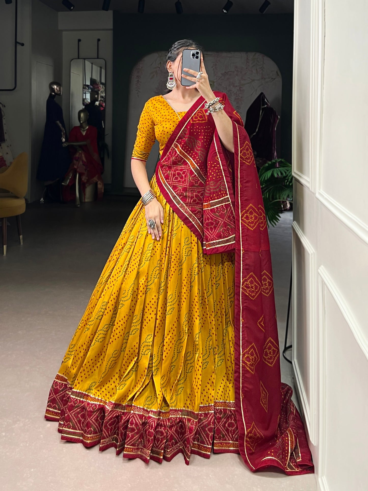 Yellow Tasar Silk Bandhej Print With Gotta Patti Lace Work Navratri Lehenga Choli