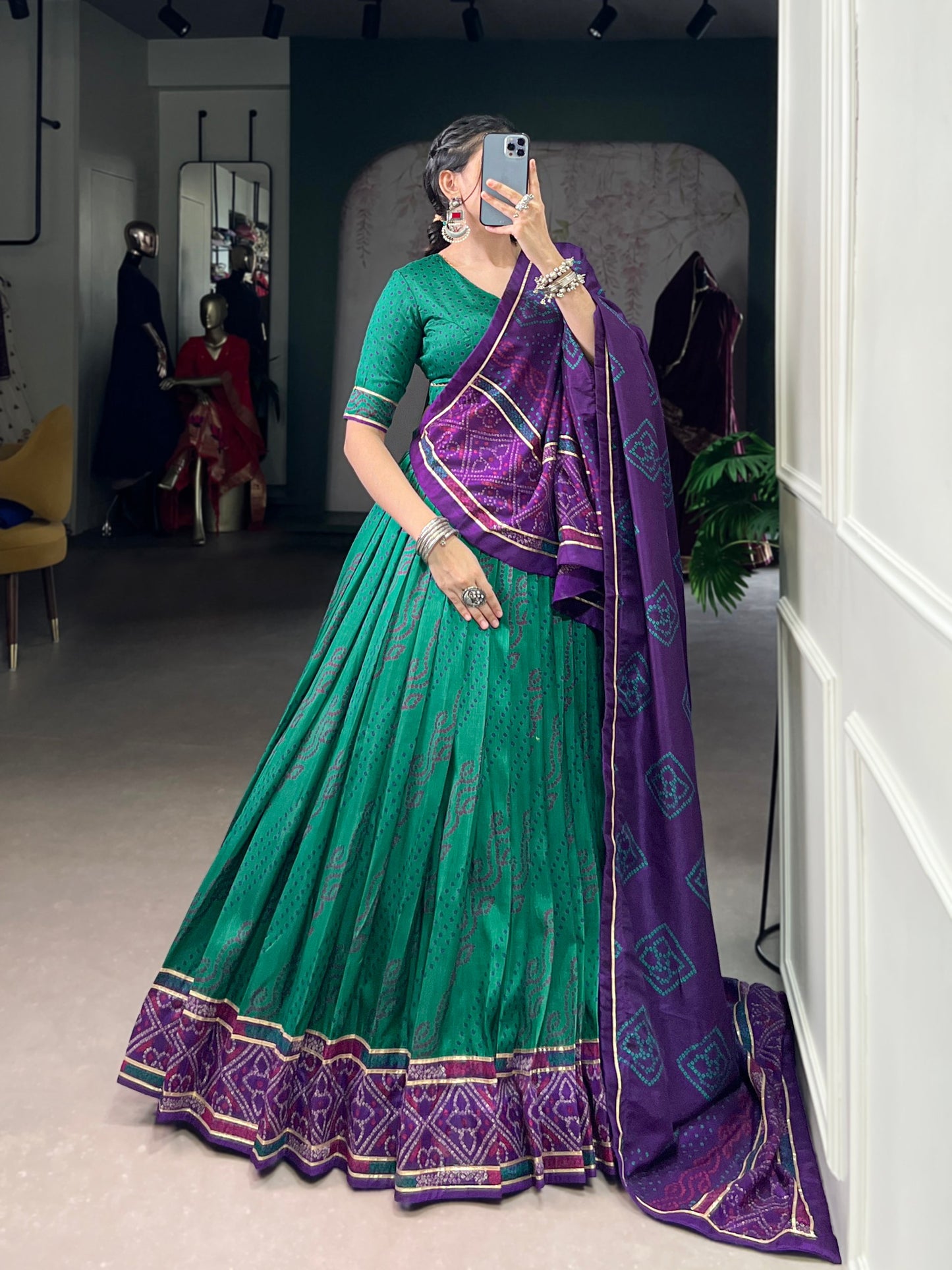 Green Tasar Silk Bandhej Print With Gotta Patti Lace Work Navratri Lehenga Choli