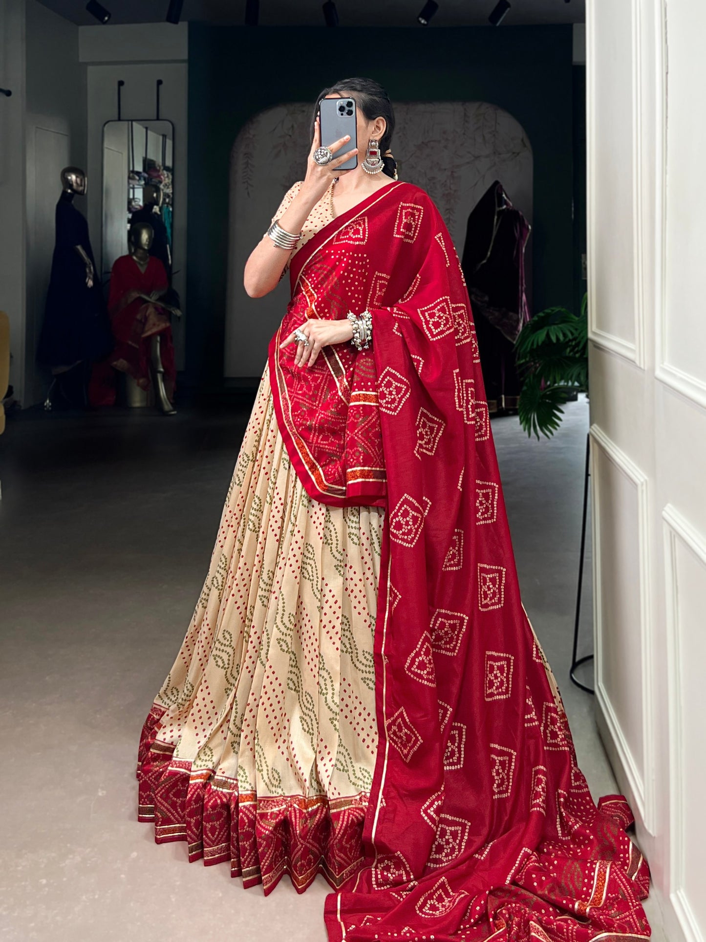 Off White Tasar Silk Bandhej Print With Gotta Patti Lace Work Navratri Lehenga Choli
