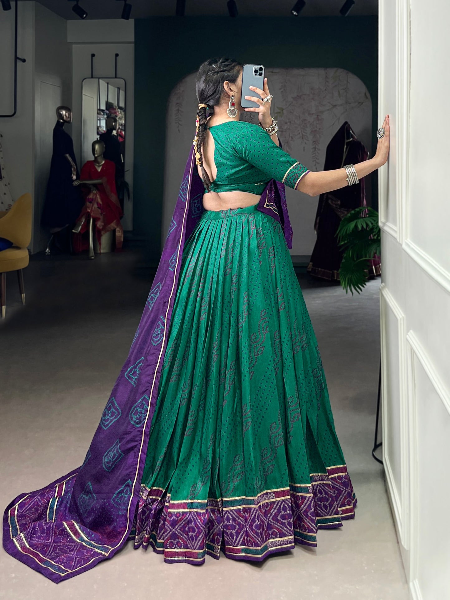 Green Tasar Silk Bandhej Print With Gotta Patti Lace Work Navratri Lehenga Choli