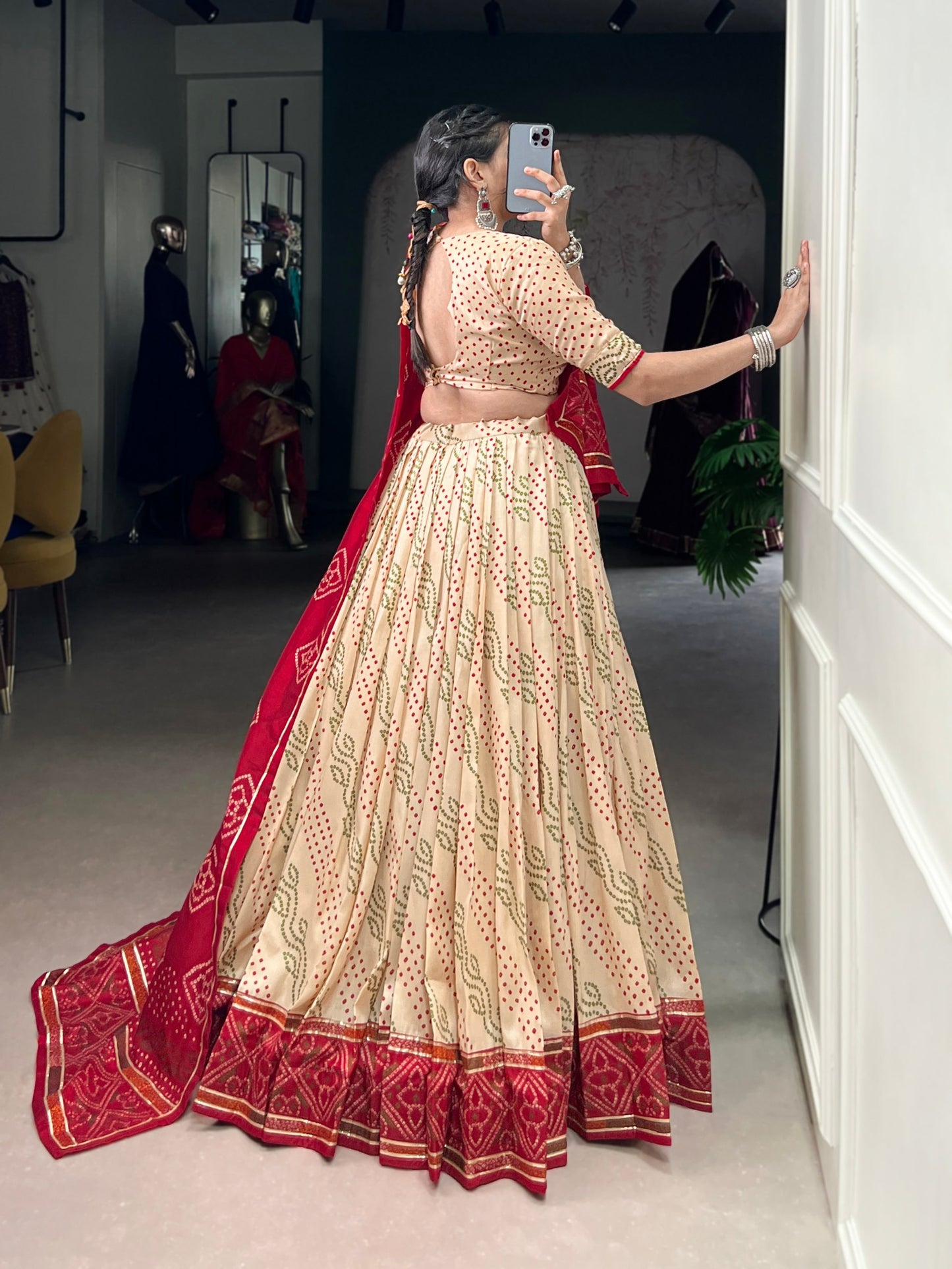 Off White Tasar Silk Bandhej Print With Gotta Patti Lace Work Navratri Lehenga Choli