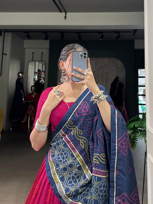 Pink Tasar Silk Bandhej Print With Gotta Patti Lace Work Navratri Lehenga Choli