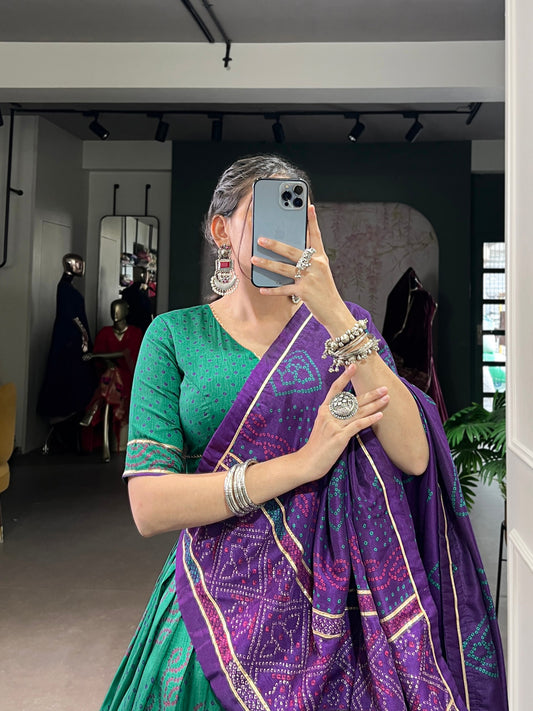 Green Tasar Silk Bandhej Print With Gotta Patti Lace Work Navratri Lehenga Choli