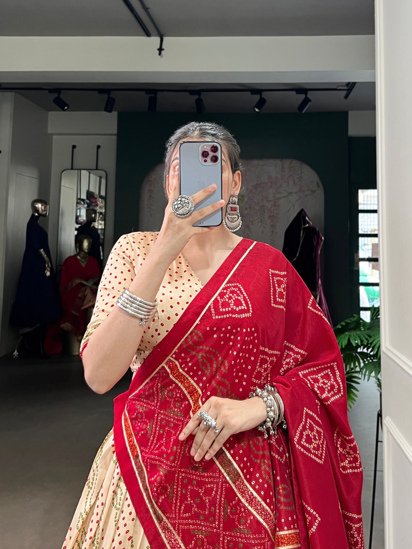 Off White Tasar Silk Bandhej Print With Gotta Patti Lace Work Navratri Lehenga Choli