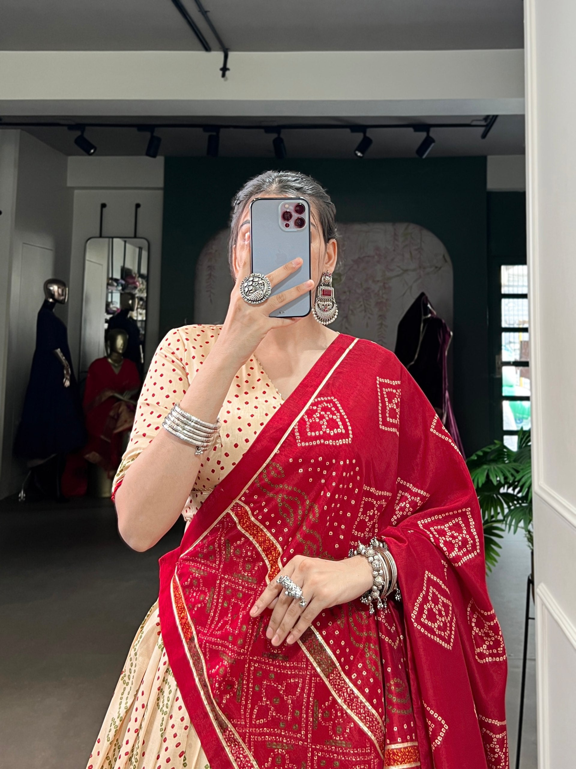 Off White Tasar Silk Bandhej Print With Gotta Patti Lace Work Navratri Lehenga Choli