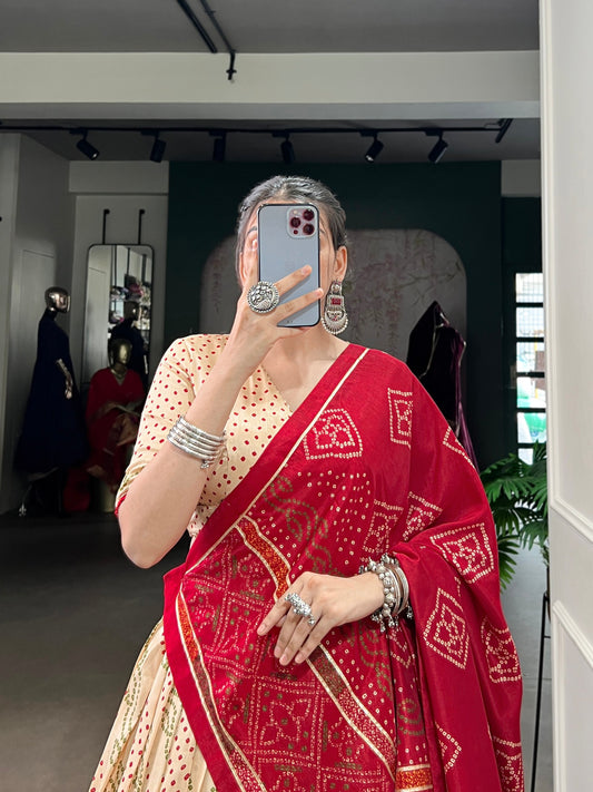 Off White Tasar Silk Bandhej Print With Gotta Patti Lace Work Navratri Lehenga Choli