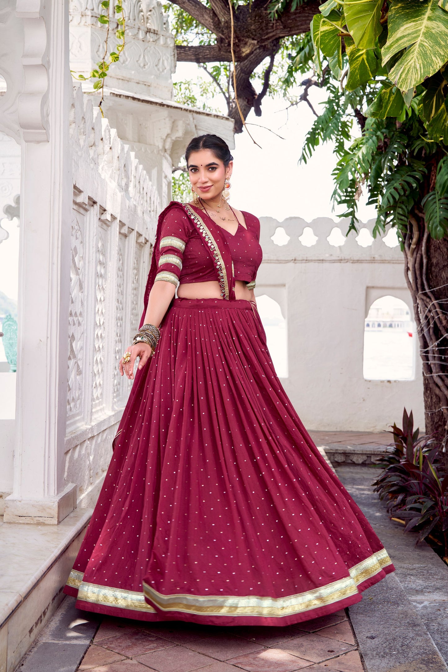 Maroon Pure Chanderi Zari Weaving Work With Embossed Design Lace Work Navratri Lehenga