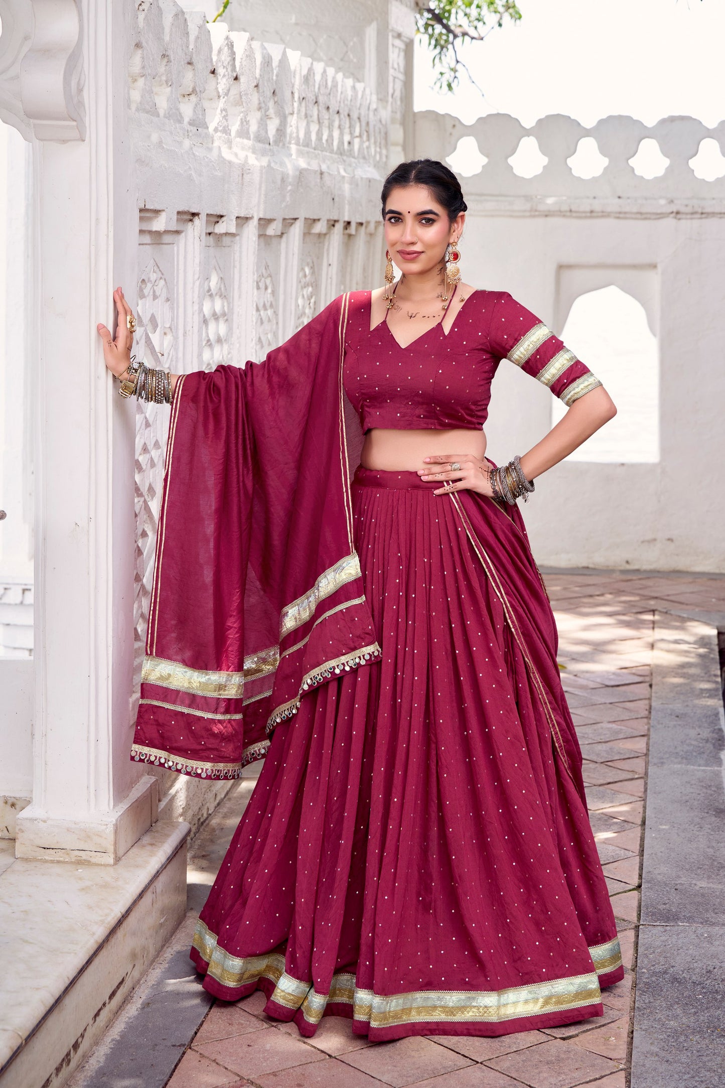 Maroon Pure Chanderi Zari Weaving Work With Embossed Design Lace Work Navratri Lehenga