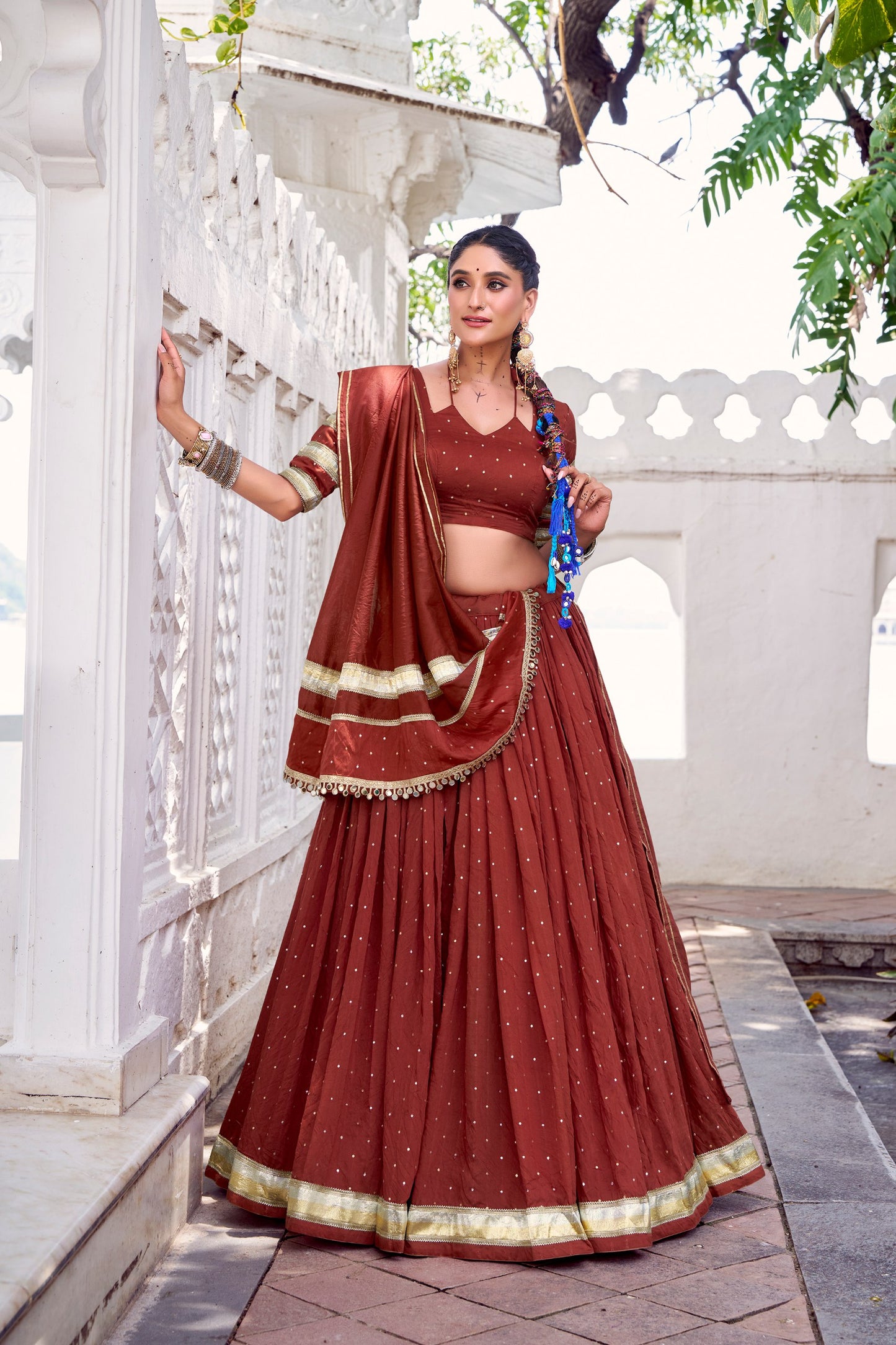 Orange Pure Chanderi Zari Weaving Work With Embossed Design Lace Work Navratri Lehenga