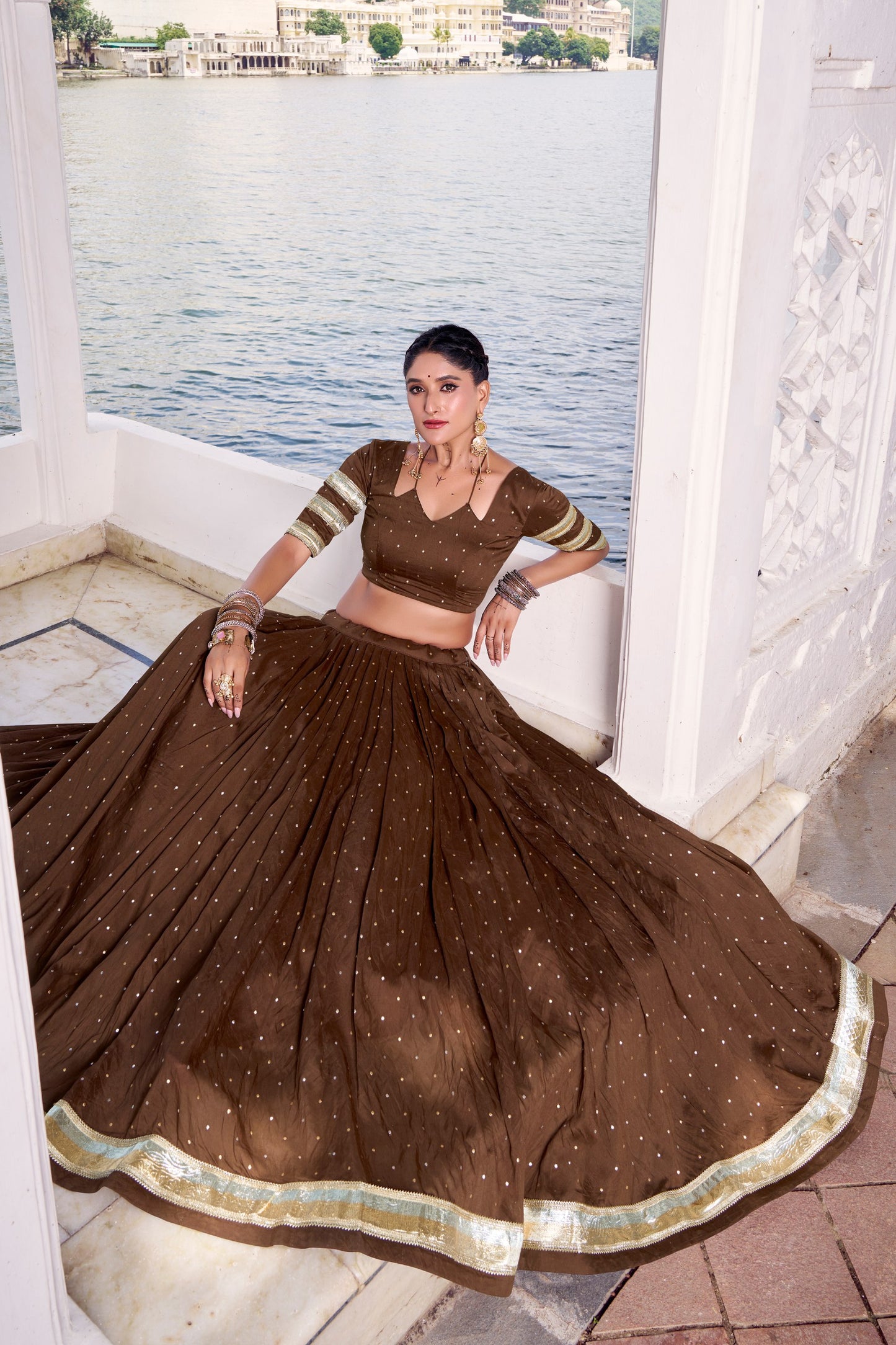 Brown Pure Chanderi Zari Weaving Work With Embossed Design Lace Work Navratri Lehenga