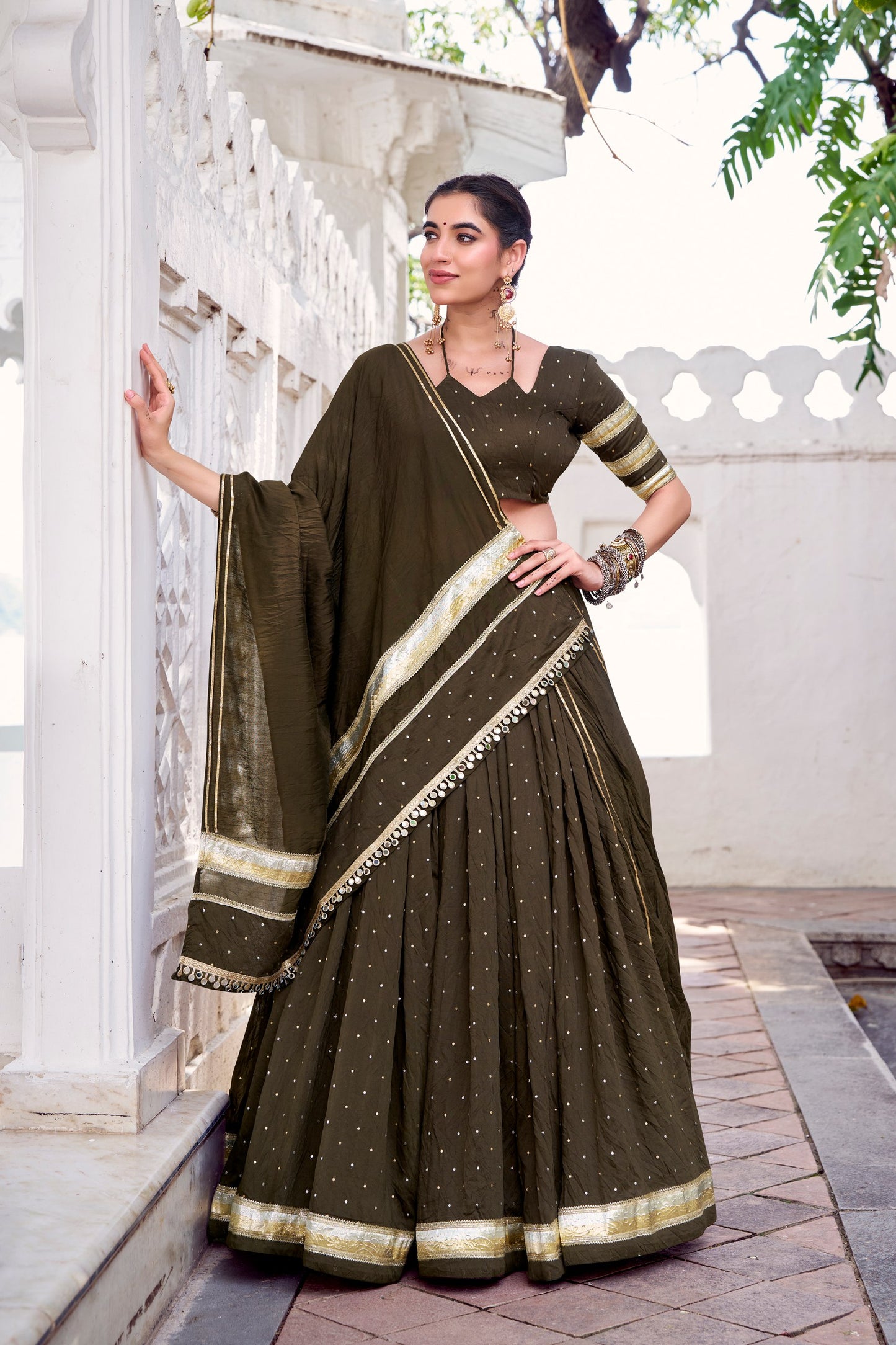 Mehendi Pure Chanderi Zari Weaving Work With Embossed Design Lace Work Navratri Lehenga