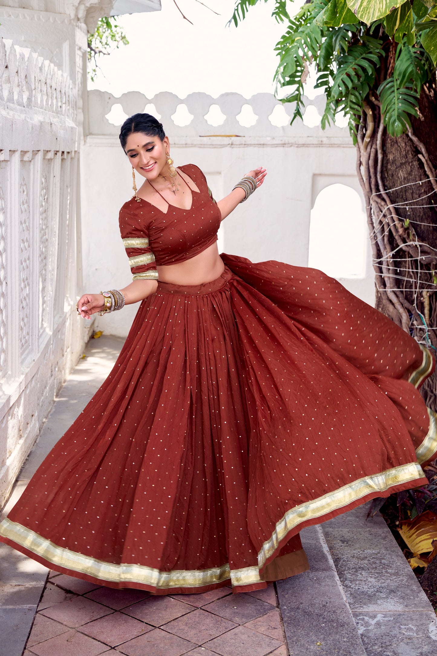 Orange Pure Chanderi Zari Weaving Work With Embossed Design Lace Work Navratri Lehenga