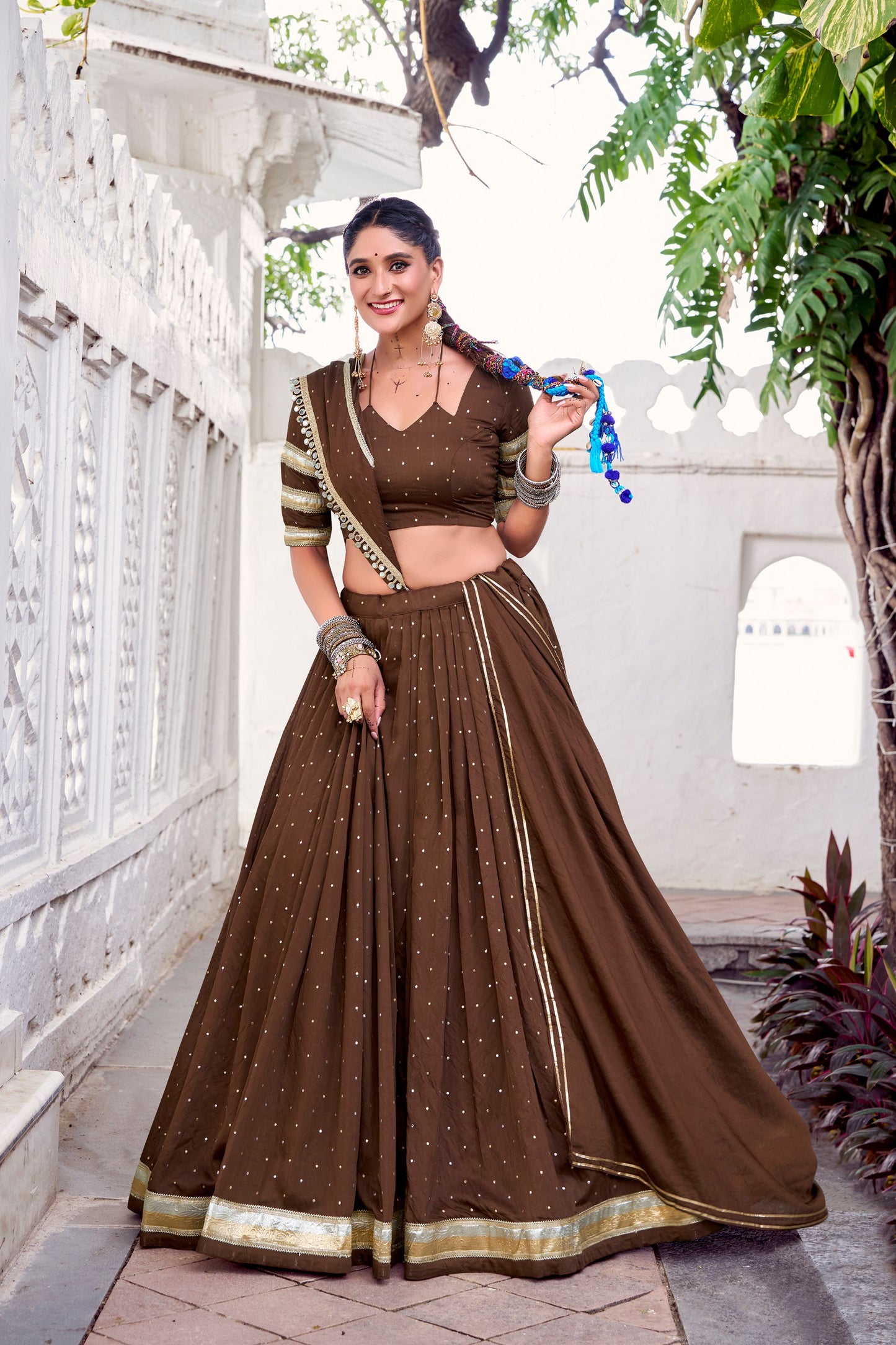 Brown Pure Chanderi Zari Weaving Work With Embossed Design Lace Work Navratri Lehenga