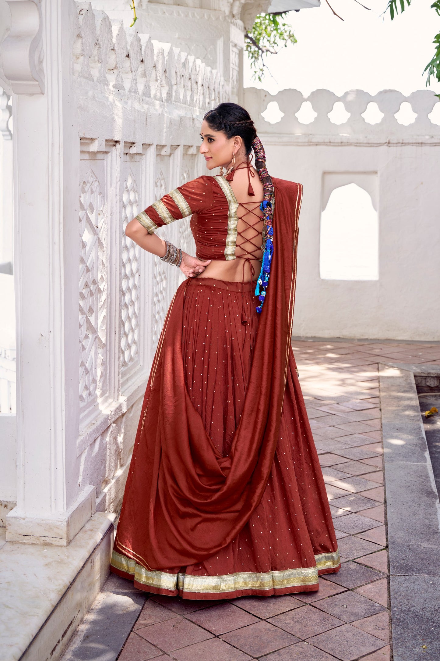 Orange Pure Chanderi Zari Weaving Work With Embossed Design Lace Work Navratri Lehenga