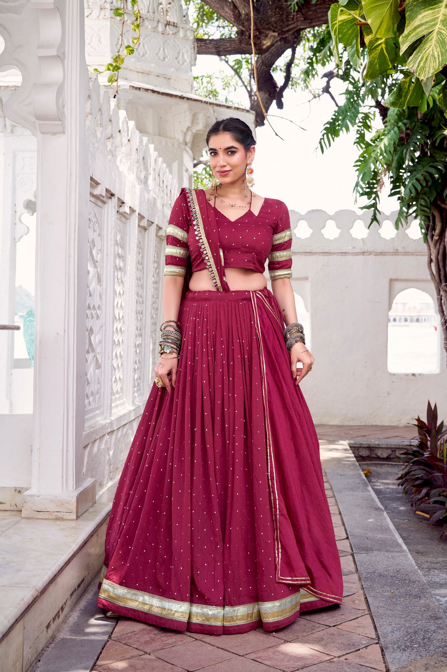 Maroon Pure Chanderi Zari Weaving Work With Embossed Design Lace Work Navratri Lehenga