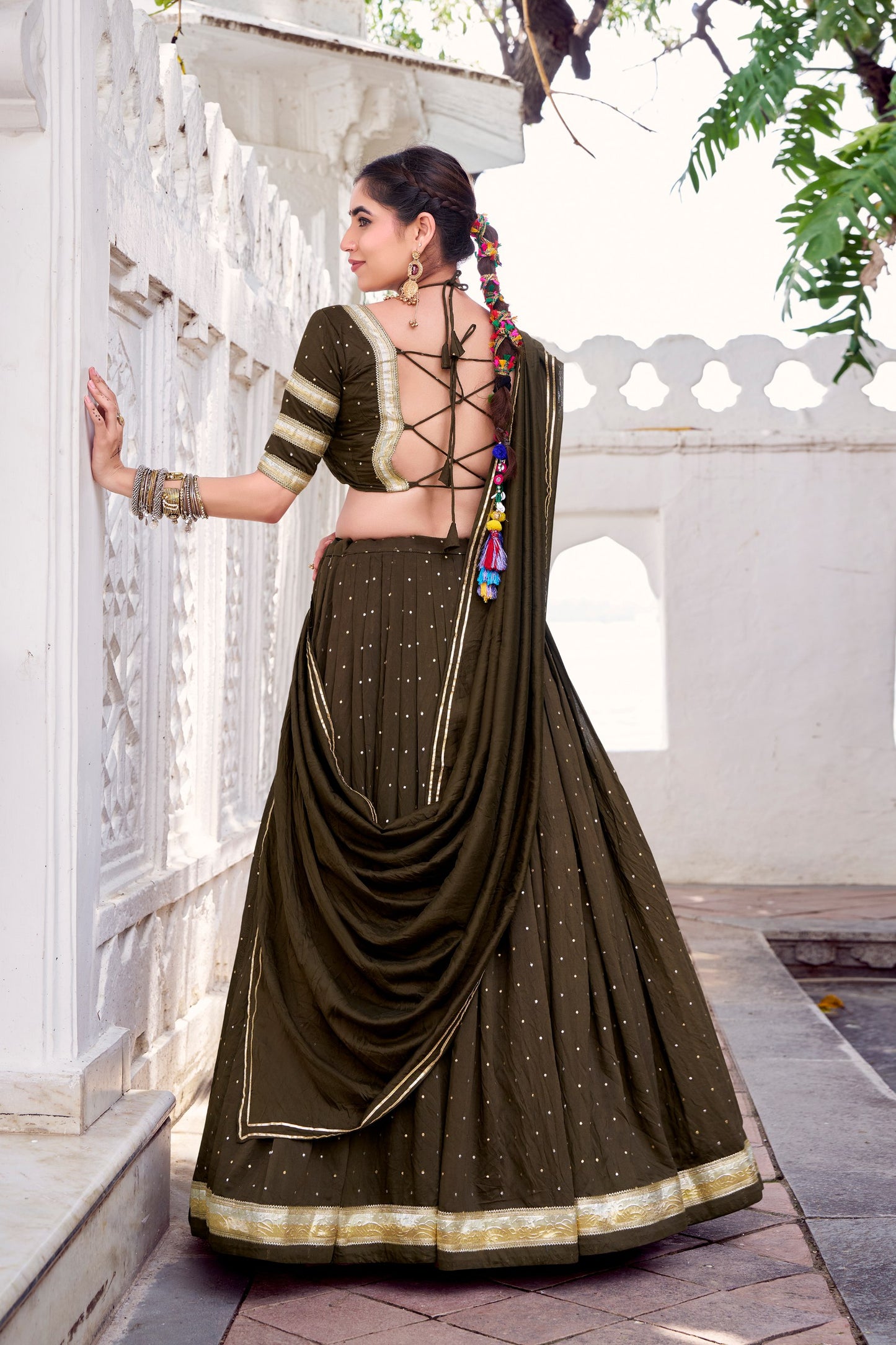 Mehendi Pure Chanderi Zari Weaving Work With Embossed Design Lace Work Navratri Lehenga