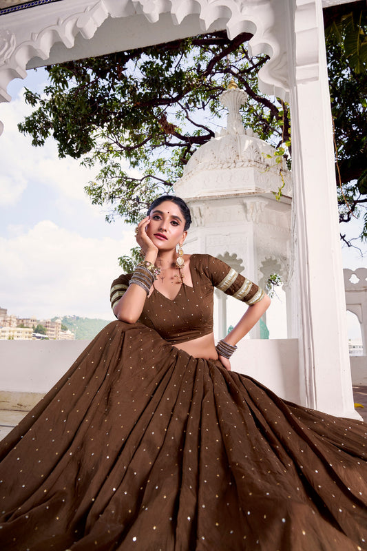 Brown Pure Chanderi Zari Weaving Work With Embossed Design Lace Work Navratri Lehenga