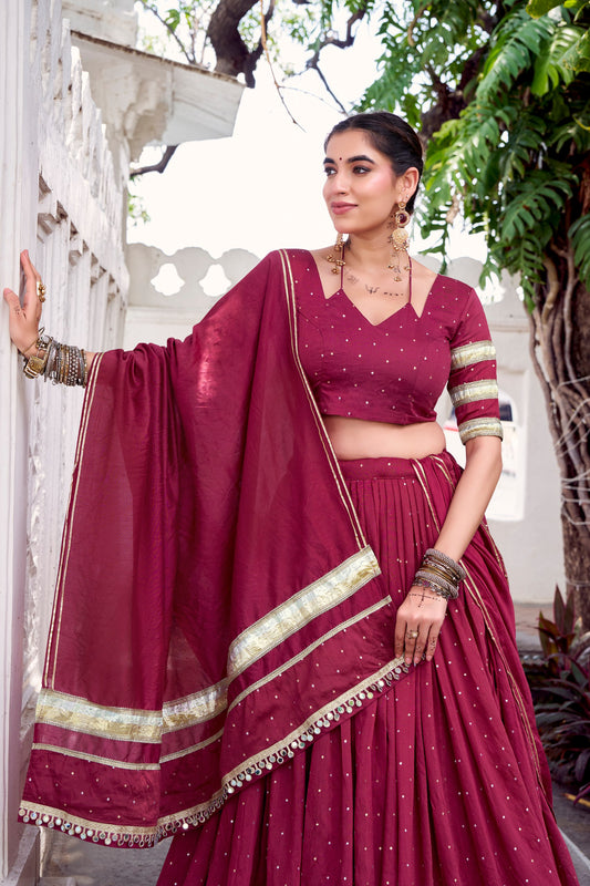 Maroon Pure Chanderi Zari Weaving Work With Embossed Design Lace Work Navratri Lehenga