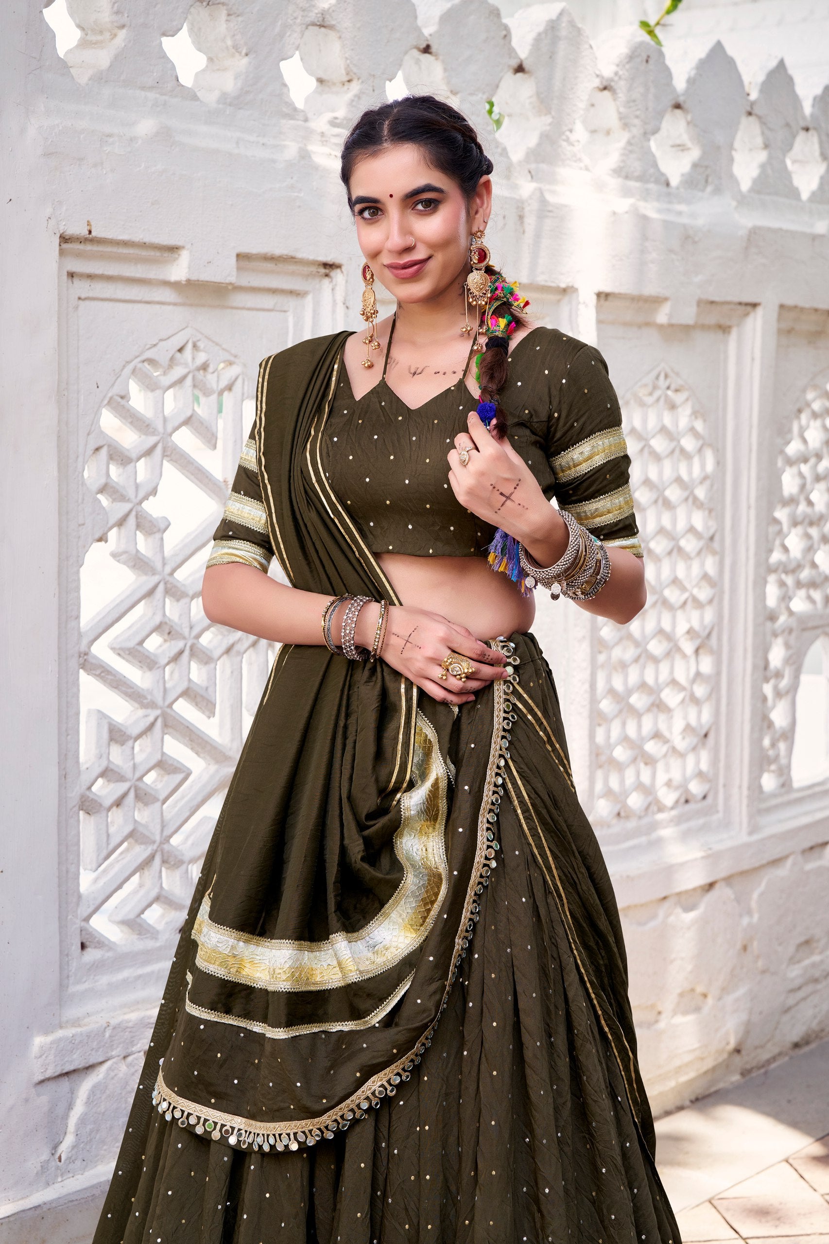 Mehendi Pure Chanderi Zari Weaving Work With Embossed Design Lace Work Navratri Lehenga
