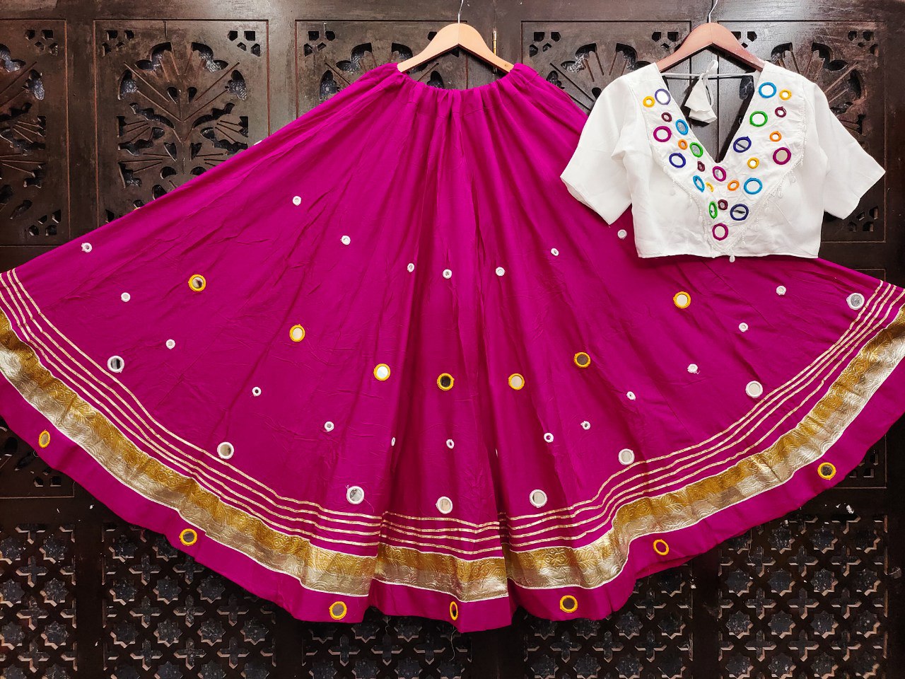 Pink Rayon Cotton Real Mirror Work Fully Stiched Navratri Lehenga Choli