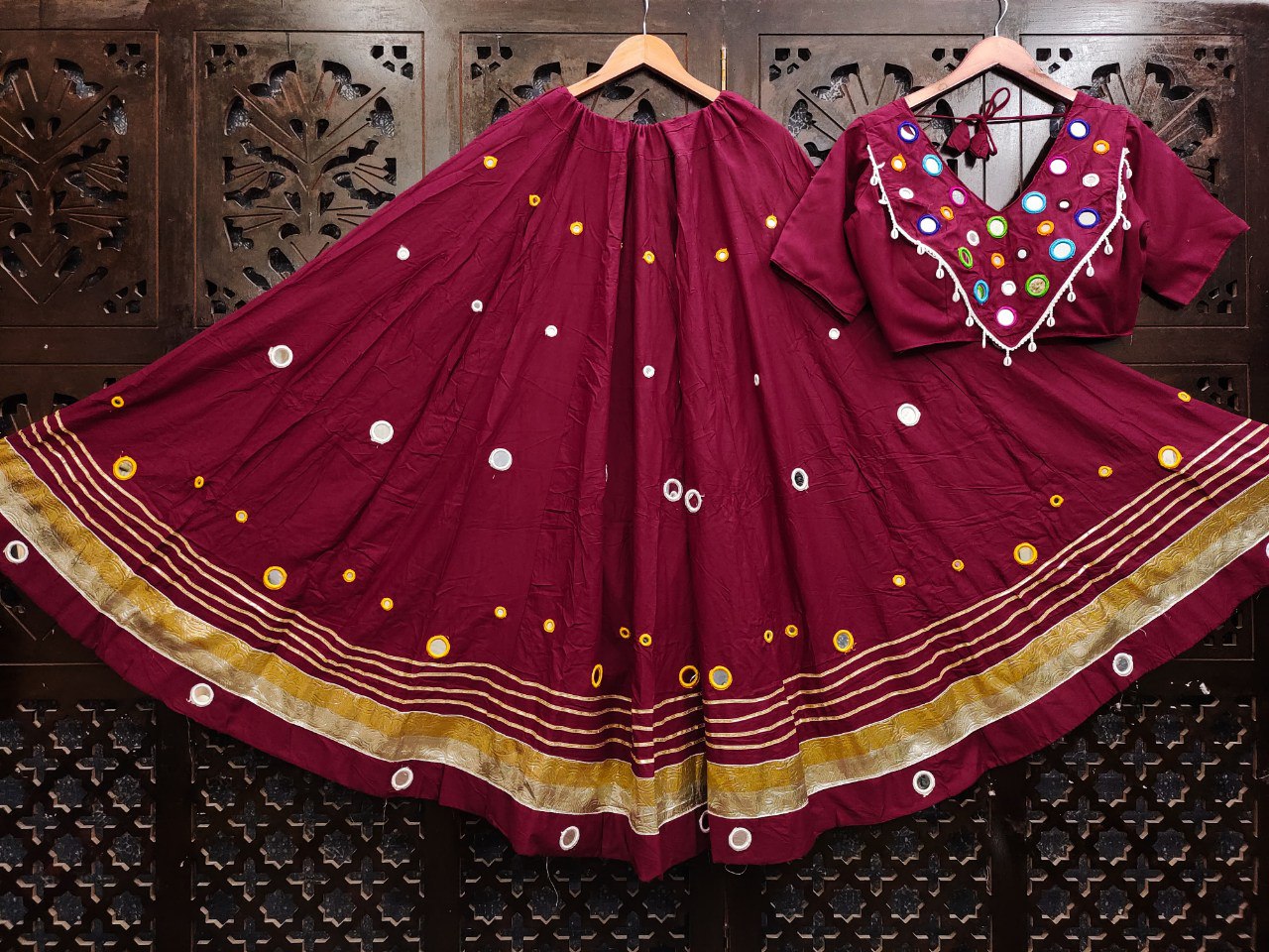 Maroon Rayon Cotton Real Mirror Work Fully Stiched Navratri Lehenga Choli