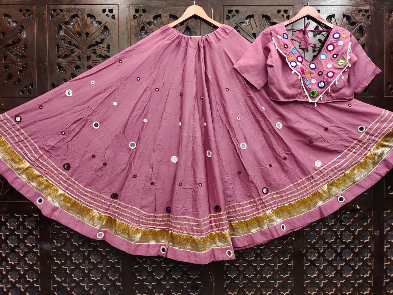 Baby Pink Rayon Cotton Real Mirror Work Fully Stiched Navratri Lehenga Choli