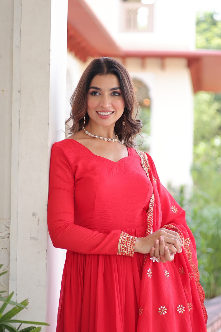 Red Vichitra Silk With Rich Sequins Embroidered Work Gown