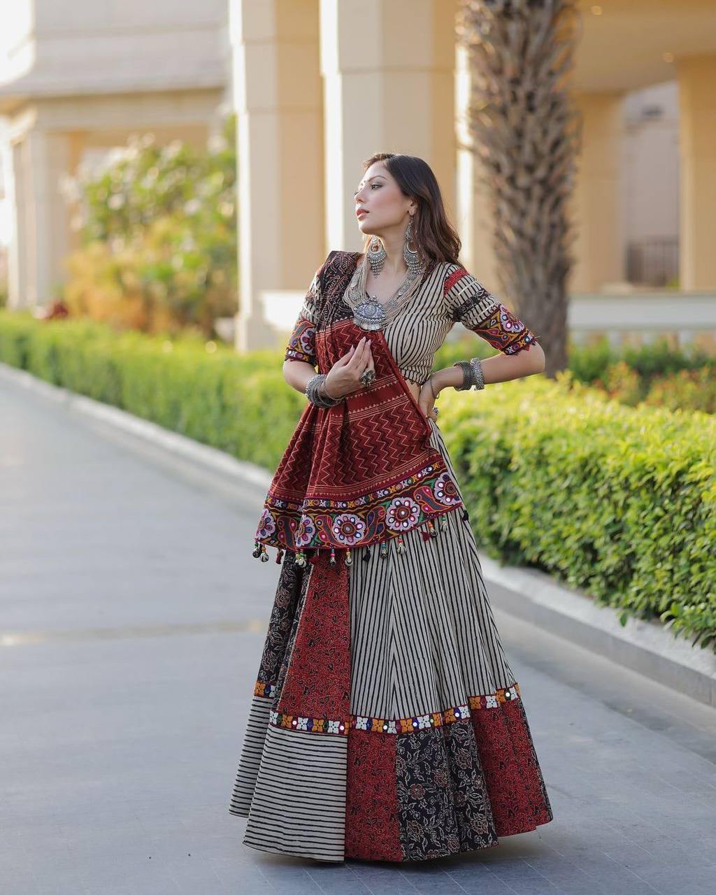 Black and White Printed Reyon Real Mirror Work Stitched Navratri Lehenga Choli