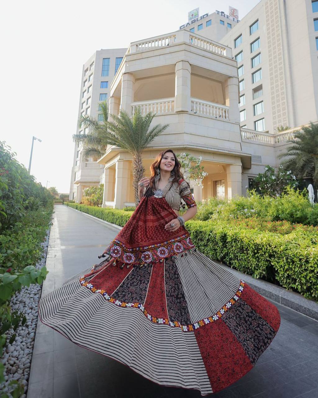 Black and White Printed Reyon Real Mirror Work Stitched Navratri Lehenga Choli
