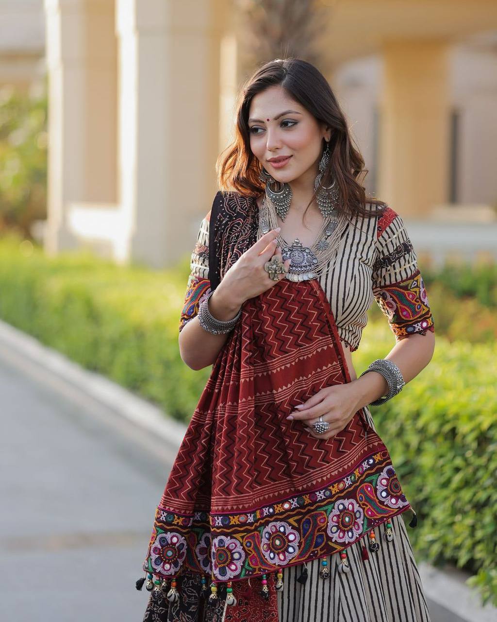 Black and White Printed Reyon Real Mirror Work Stitched Navratri Lehenga Choli