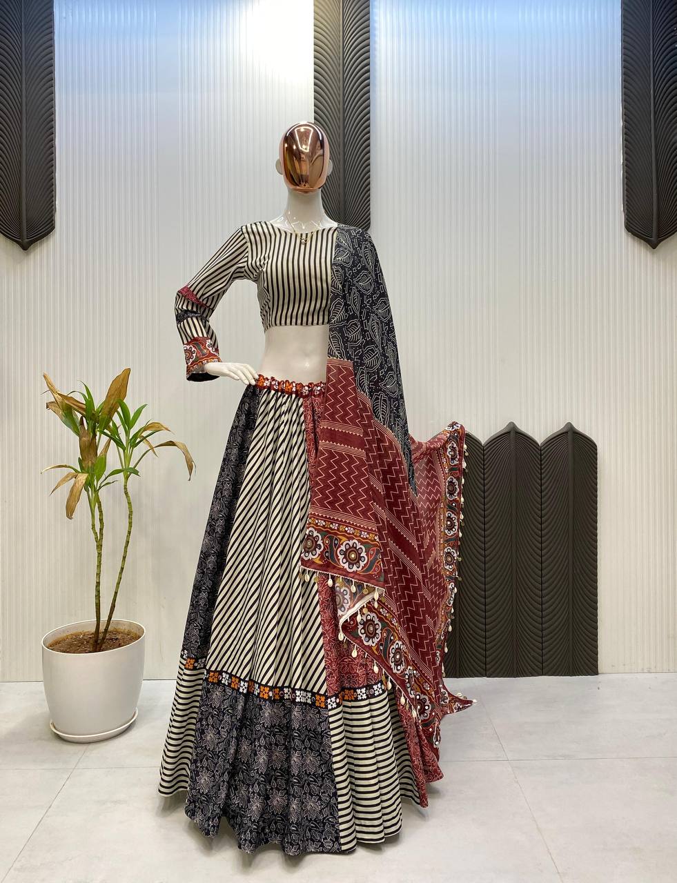 Black and White Printed Reyon Real Mirror Work Stitched Navratri Lehenga Choli