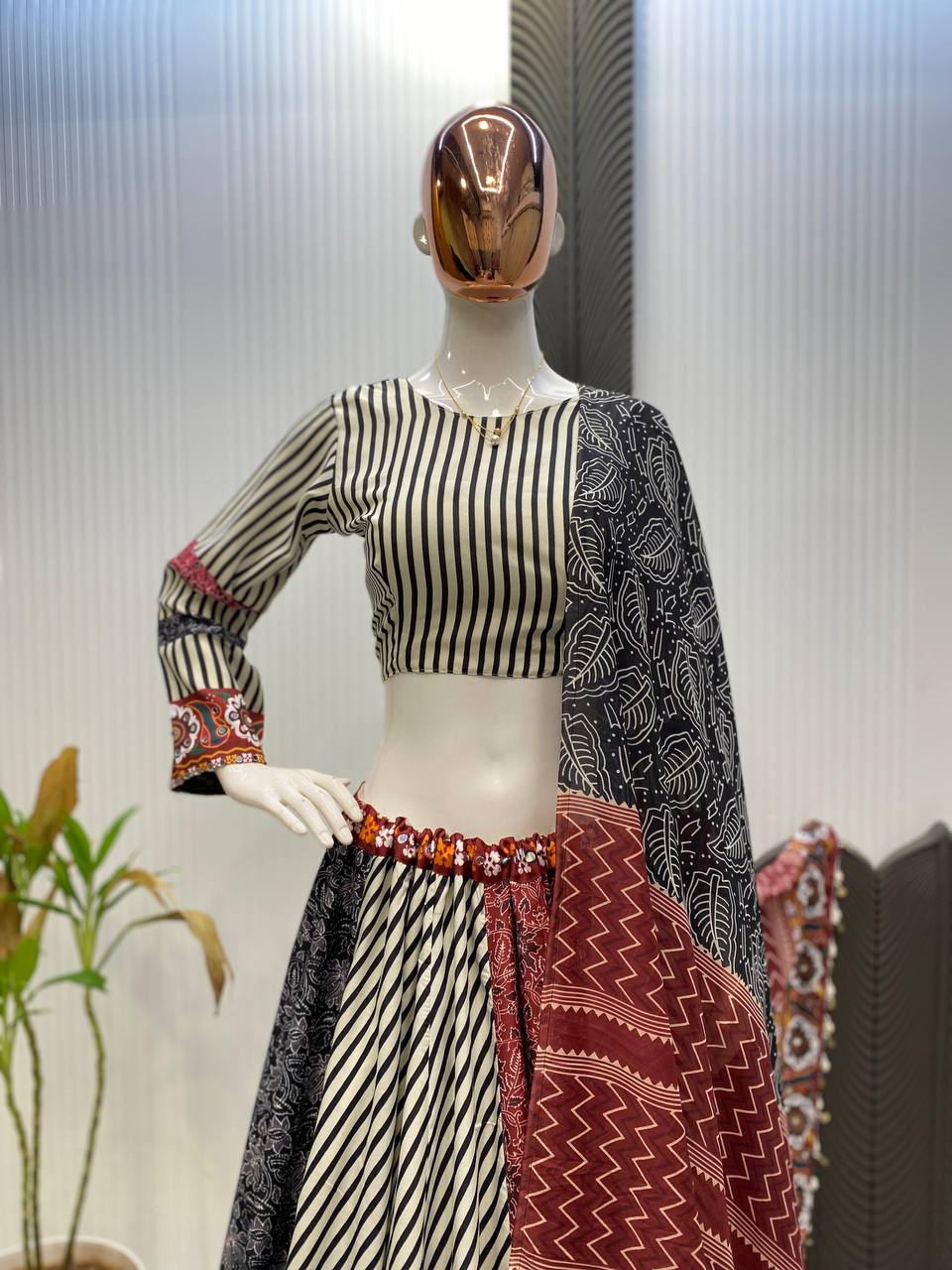 Black and White Printed Reyon Real Mirror Work Stitched Navratri Lehenga Choli