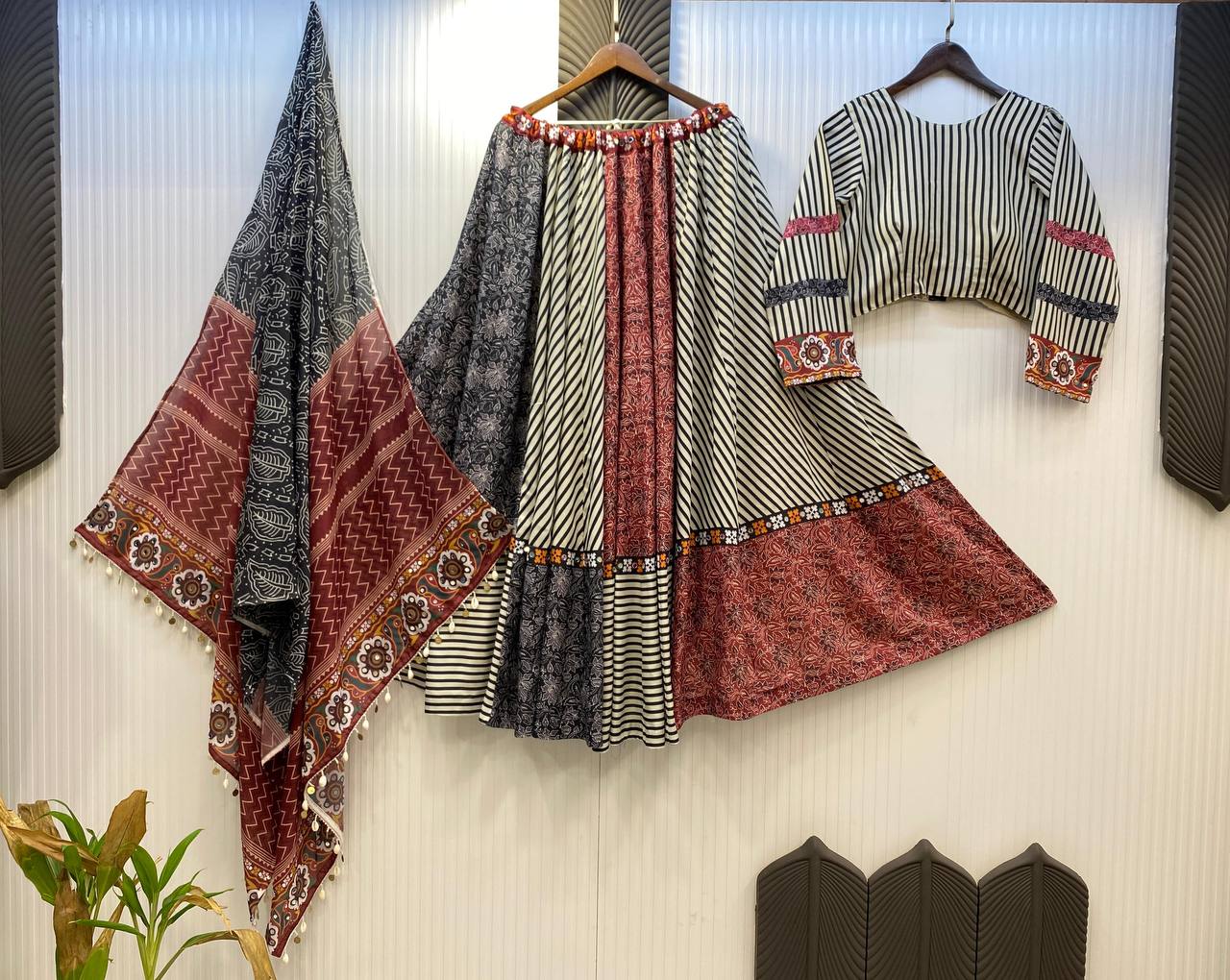 Black and White Printed Reyon Real Mirror Work Stitched Navratri Lehenga Choli