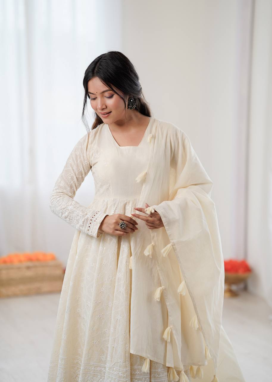 Off White Pure Kora Cotton Lucknowi Chikankari Anarkali Suit with Dupatta Set