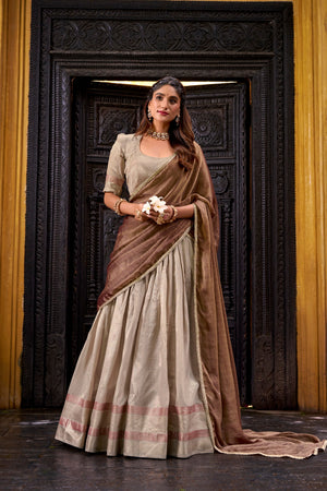 Beige half saree lehenga Dupion silk zari weaving