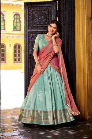 South Indian style half saree mint green pink dupatta