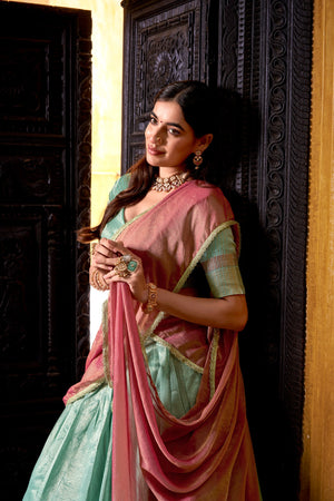 Sea green lehenga saree with contrast pink dupatta
