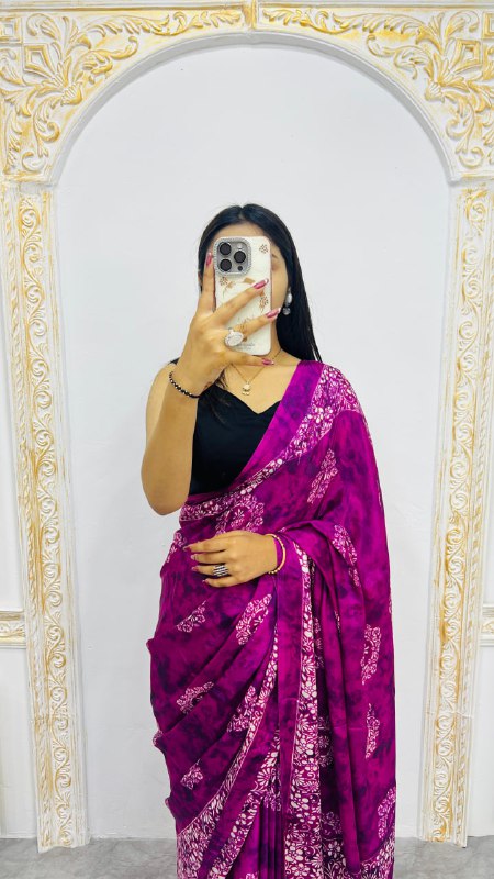 Purple Print Border With Rich Pallu With Contrast Blouse Saree