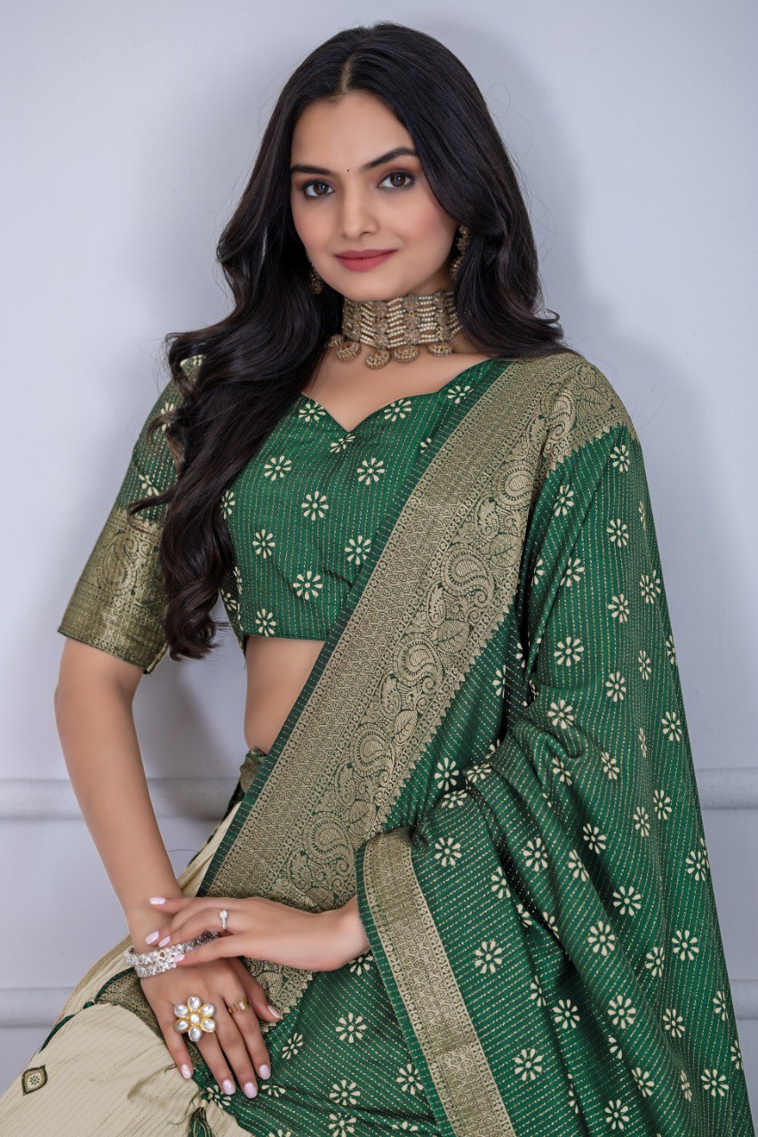 Green Lichi Silk Lehenga – Traditional Jacquard Border & Jari Lining with Designer Print Set