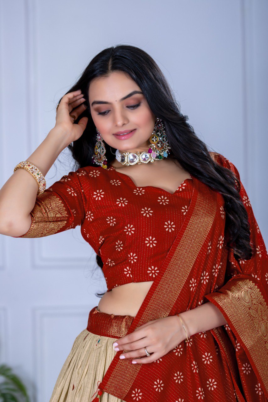 Red Lichi Silk Lehenga – Traditional Jacquard Border & Jari Lining with Designer Print Set