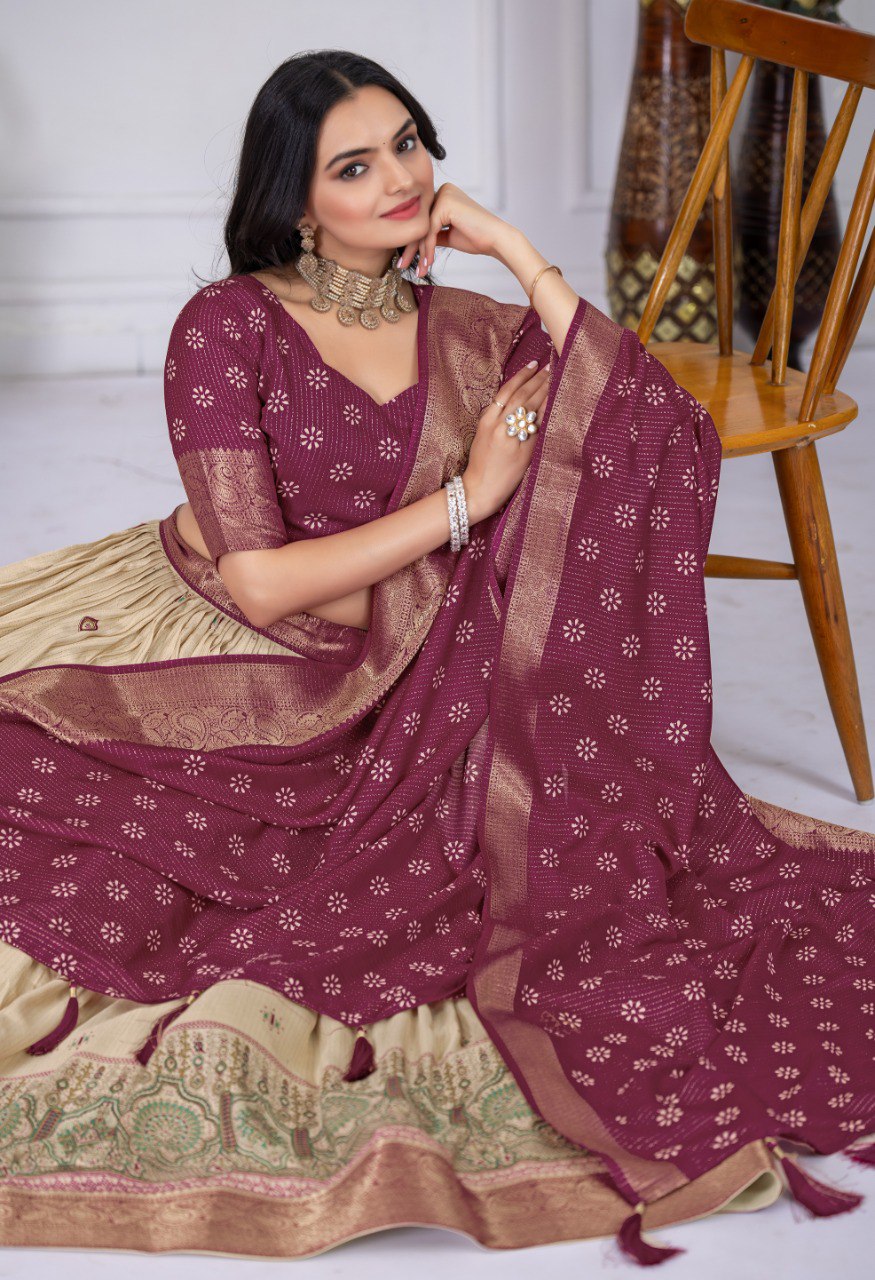 Wine Lichi Silk Lehenga – Jacquard Border & Jari Lining with Designer Print Set