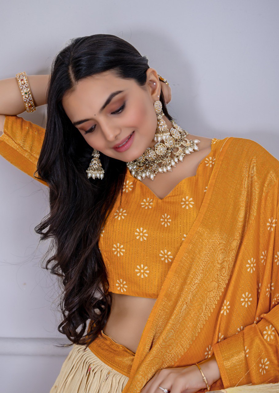 Yellow Lichi Silk Lehenga – Jacquard Border & Jari Lining with Designer Print Set