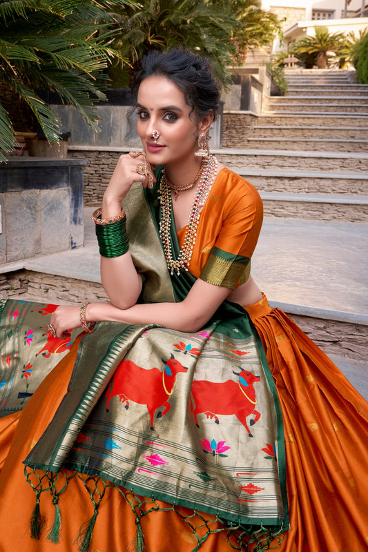 Orange Color Paithani Zari Weaving Work Lehenga Choli