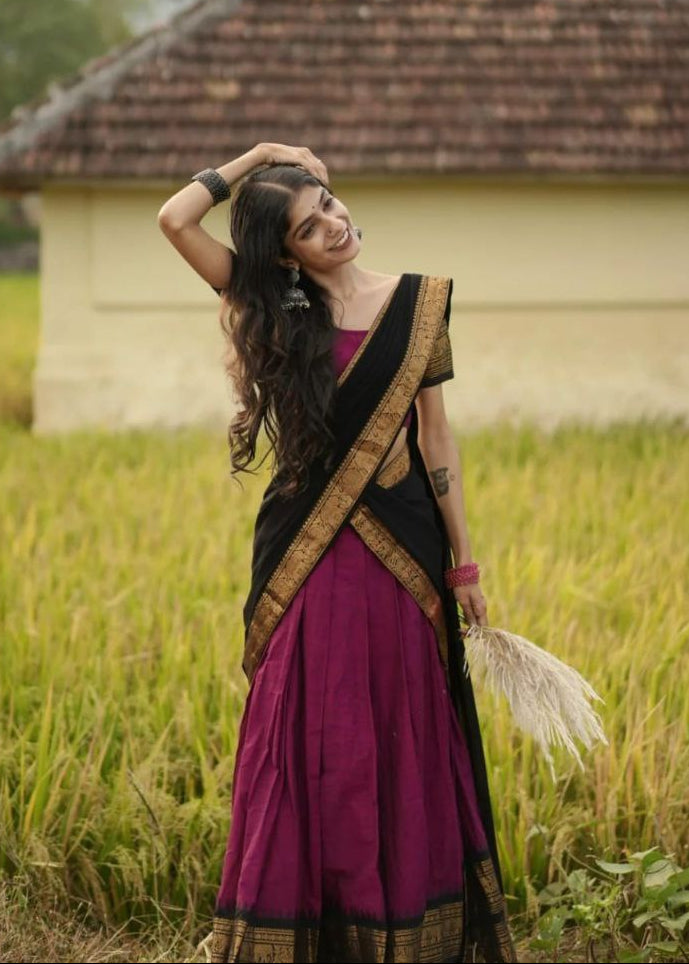 Magenta Wine & Black Kanjivaram Silk Half Saree – Traditional Zari Weaving Langa Voni Set