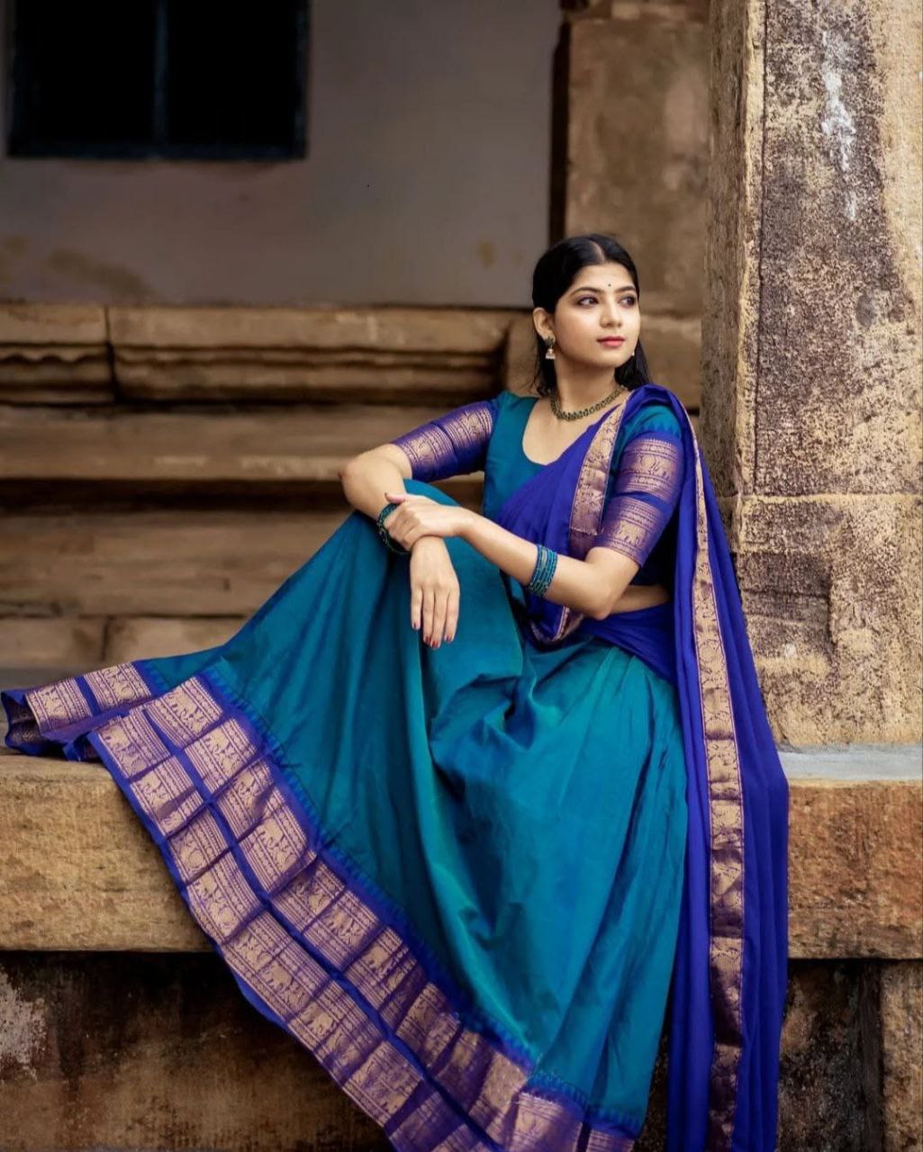 Rama Blue & Royal Blue Kanjivaram Silk Half Saree – Traditional Gold Zari Weaving Langa Voni Set