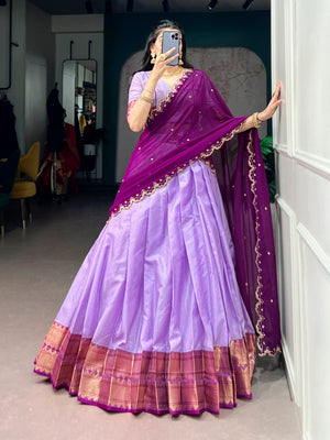 Lilac and wine half saree lehenga cotton silk zari weaving