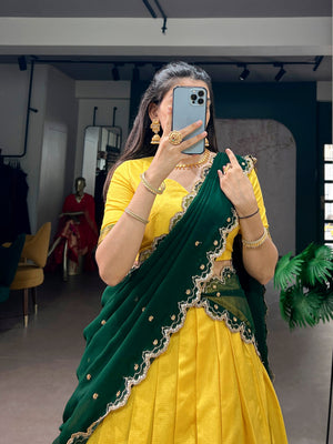 South Indian style half saree yellow green embroidered dupatta