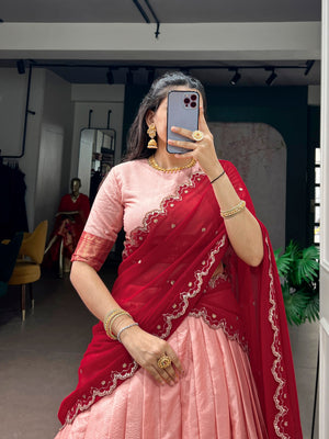 Soft pink lehenga saree with contrast red dupatta