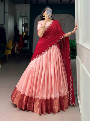 Blush pink and red half saree lehenga cotton silk zari weaving